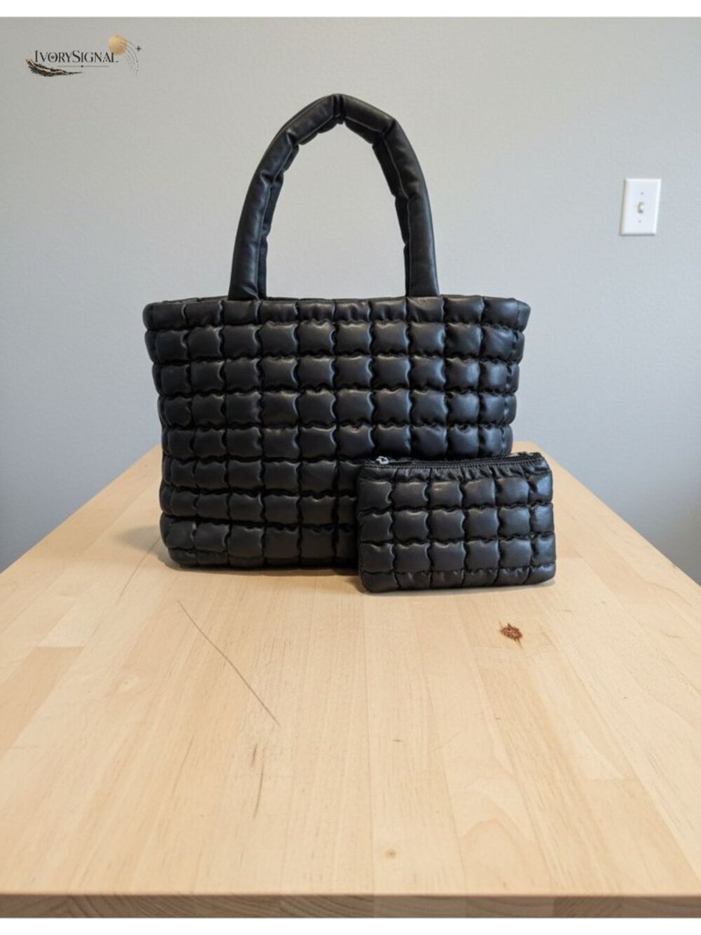 Quilted Puffer Tote Bag with Insert Pouch, PU Leather Shoulder Bag